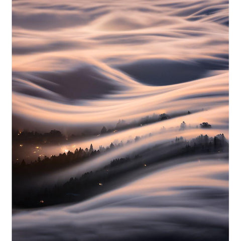 The Dancing Wave Under The Moon Black Modern Wood Framed Art Print with Double Matting by Li, Jinghua