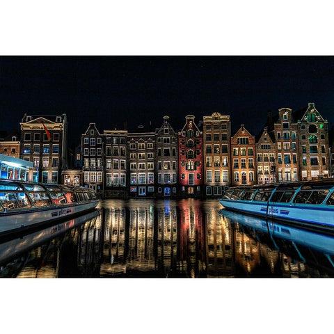 Qdancing Housesq On The Damrak Canal In Amsterdam White Modern Wood Framed Art Print by Mosqueira Rey, Eduardo