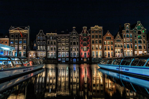 Qdancing Housesq On The Damrak Canal In Amsterdam Black Ornate Wood Framed Art Print with Double Matting by Mosqueira Rey, Eduardo