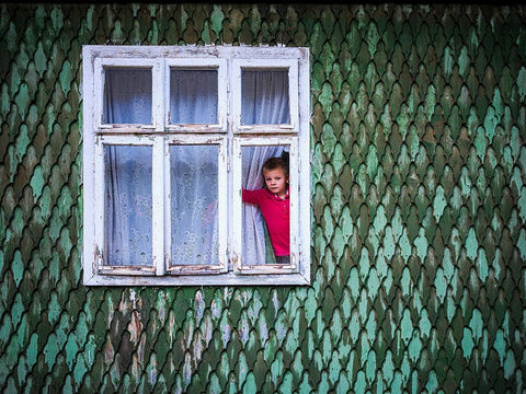 Daniel In The Window White Modern Wood Framed Art Print with Double Matting by Steverson, Michael