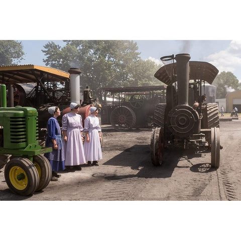 Three Mennos And A Tractor White Modern Wood Framed Art Print by A. Malek, Stan