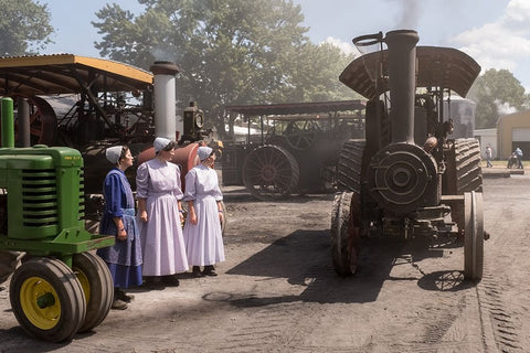 Three Mennos And A Tractor Black Ornate Wood Framed Art Print with Double Matting by A. Malek, Stan