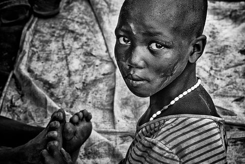 Larim Tribe Girl Massaging Feet - South Sudan White Modern Wood Framed Art Print with Double Matting by Inazio Kuesta, Joxe