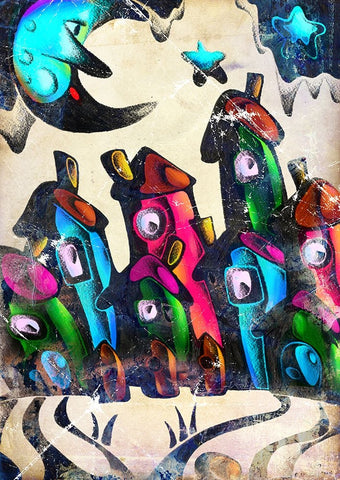 The moon is awake in the city White Modern Wood Framed Art Print with Double Matting by Kulik, Rafal