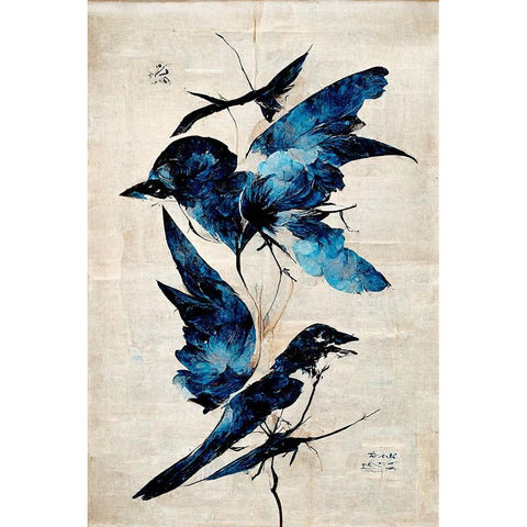 Blue Birds Gold Ornate Wood Framed Art Print with Double Matting by Treechild