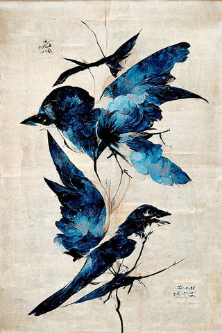 Blue Birds Black Ornate Wood Framed Art Print with Double Matting by Treechild