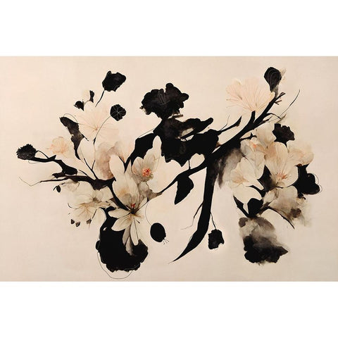 Cherry Blossom Branch Black Modern Wood Framed Art Print with Double Matting by Treechild