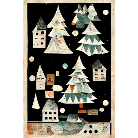 A Paper Village At Night Black Modern Wood Framed Art Print with Double Matting by Treechild