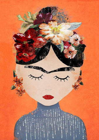 Frida (Orange Version) White Modern Wood Framed Art Print with Double Matting by Treechild