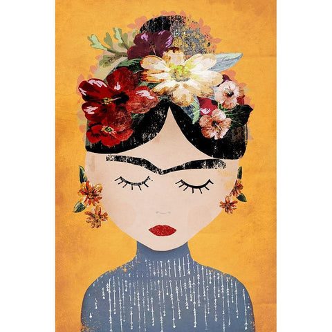 Frida (Yellow Version) Black Modern Wood Framed Art Print with Double Matting by Treechild