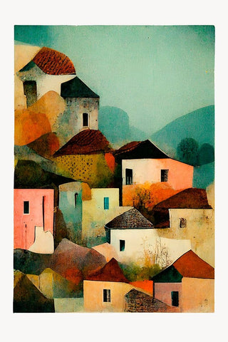 Italian Village White Modern Wood Framed Art Print with Double Matting by Treechild