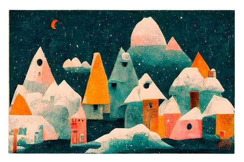 Little Village With Moon Black Modern Wood Framed Art Print by Treechild