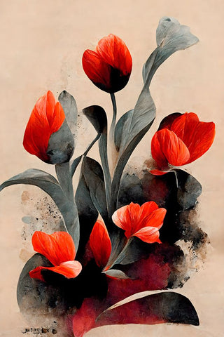 Red Tulips Black Modern Wood Framed Art Print by Treechild