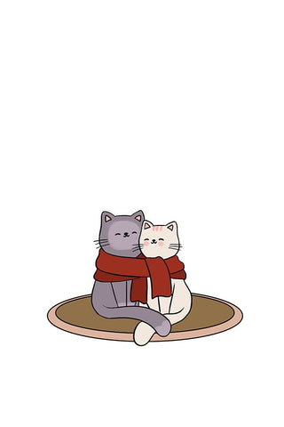 Cute Cat Couple White Modern Wood Framed Art Print with Double Matting by Thai, Xuan