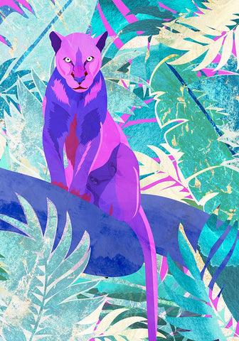 Pink Panther in the neon jungle Black Modern Wood Framed Art Print by Manovski, Sarah