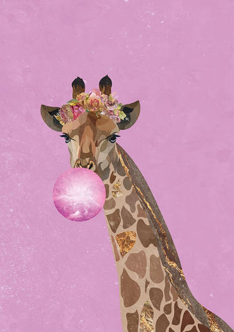 Pink giraffe bubble gum Black Modern Wood Framed Art Print by Manovski, Sarah