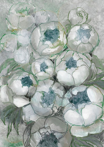 Nuria bouquet of peonies in teal and green White Modern Wood Framed Art Print with Double Matting by Laiz Blursbyai, Rosana