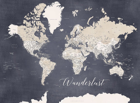 Wanderlust World Map Glyn Black Modern Wood Framed Art Print by Laiz Blursbyai, Rosana