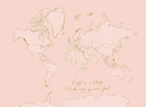 Inspirational pink and gold world map White Modern Wood Framed Art Print with Double Matting by Laiz Blursbyai, Rosana