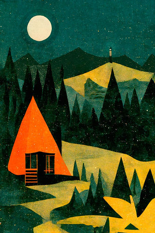 Cabin In The Forest Black Modern Wood Framed Art Print by Treechild