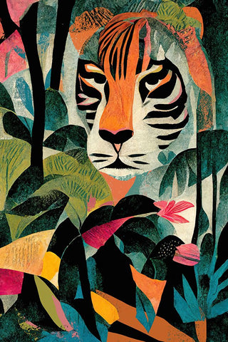 Jungle Tiger White Modern Wood Framed Art Print with Double Matting by Treechild