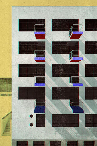 Bauhaus Dessau architecture in vintage magazine style V White Modern Wood Framed Art Print with Double Matting by Laiz Blursbyai, Rosana