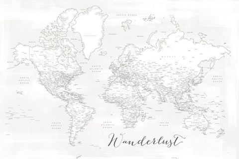 Wanderlust - detailed world map with cities - Maeli white White Modern Wood Framed Art Print with Double Matting by Laiz Blursbyai, Rosana