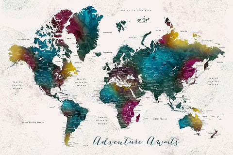 Charleena world map with cities - Adventure awaits Black Modern Wood Framed Art Print by Laiz Blursbyai, Rosana