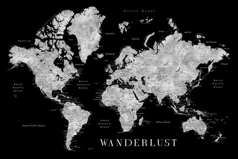 Baibah world map with cities - Wanderlust Black Modern Wood Framed Art Print by Laiz Blursbyai, Rosana