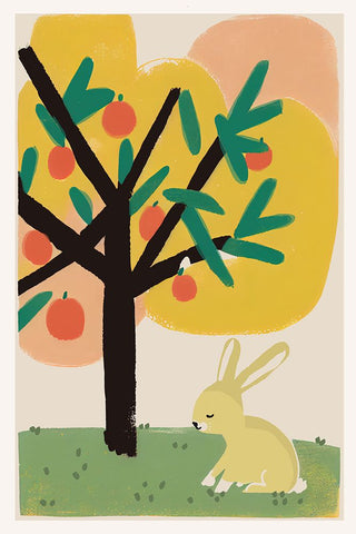 Bunny Under Apple Tree White Modern Wood Framed Art Print with Double Matting by Treechild