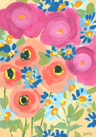 Pink Roses And Coral Anemones Black Modern Wood Framed Art Print by Zwara, Ania