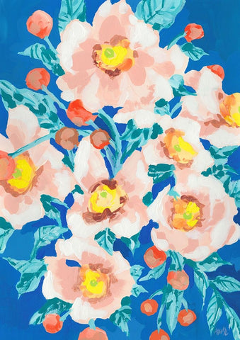 Cobalt Blue With Anemones White Modern Wood Framed Art Print with Double Matting by Zwara, Ania