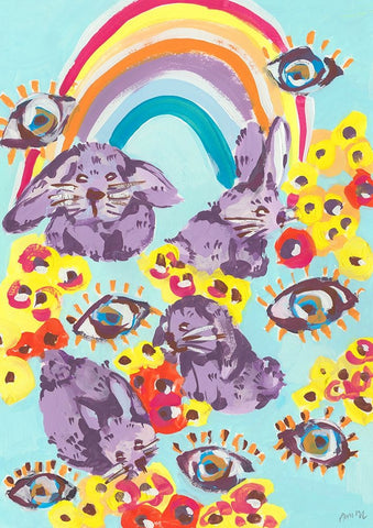 Violet Bunnies Having Fun White Modern Wood Framed Art Print with Double Matting by Zwara, Ania