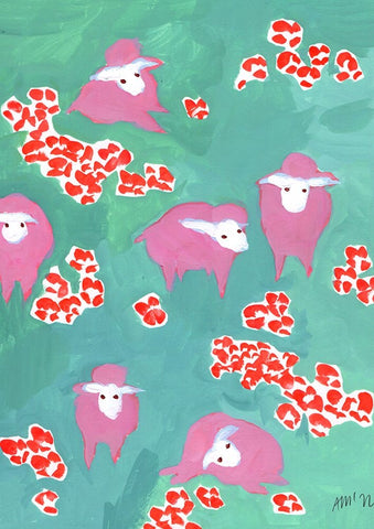 Pink Sheep On A Green Meadow White Modern Wood Framed Art Print with Double Matting by Zwara, Ania