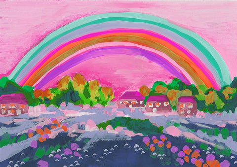 Countryside Rainbow On Pink Black Ornate Wood Framed Art Print with Double Matting by Zwara, Ania