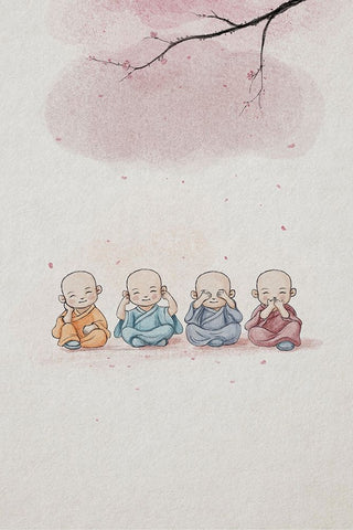 Cute Monks White Modern Wood Framed Art Print with Double Matting by Thai, Xuan