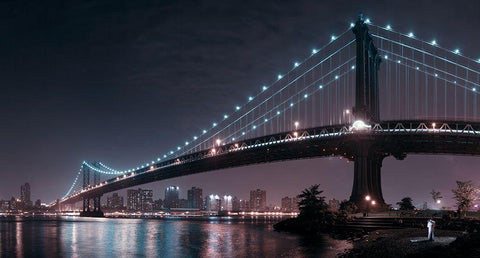 The 2 Lovers Under Manhattan Bridge Black Ornate Wood Framed Art Print with Double Matting by Bravin, Fabien