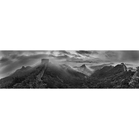 Misty Morning At Great Wall Black Modern Wood Framed Art Print with Double Matting by Zhang, Yan