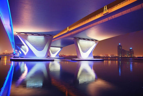 Al Garhoud Bridge-Night White Modern Wood Framed Art Print with Double Matting by Work, Robert