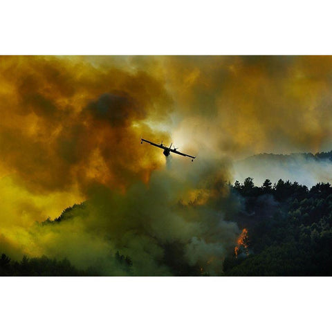 Canadair Aircraft In Action - Fighting For The Salvation Of The Forest. Black Modern Wood Framed Art Print with Double Matting by Grambone, Antonio