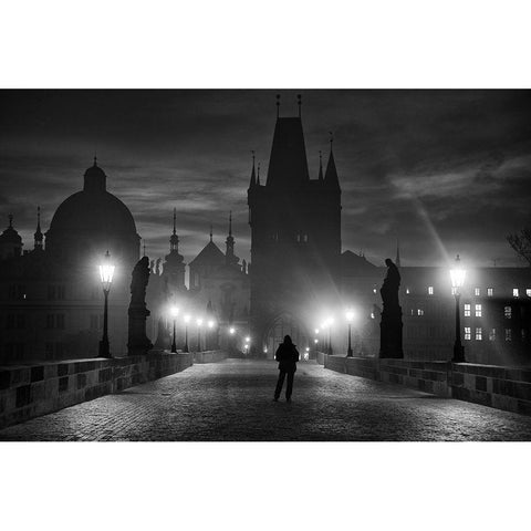 Prague In Black A White Black Modern Wood Framed Art Print with Double Matting by Rebro, Marcel