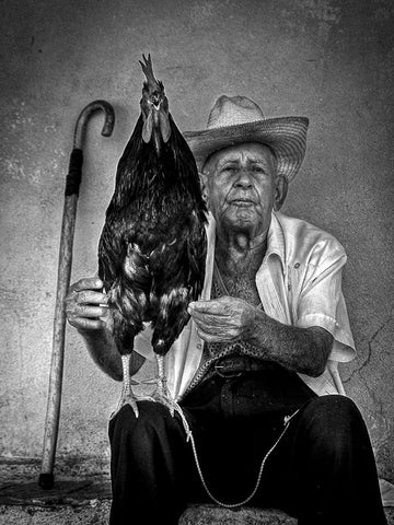 The Old Man With His Figting Cock Black Ornate Wood Framed Art Print with Double Matting by Mazalrey, Alain