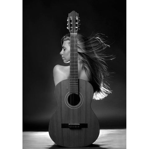 Girl With Guitar Black Modern Wood Framed Art Print with Double Matting by Kanovits, Gabor