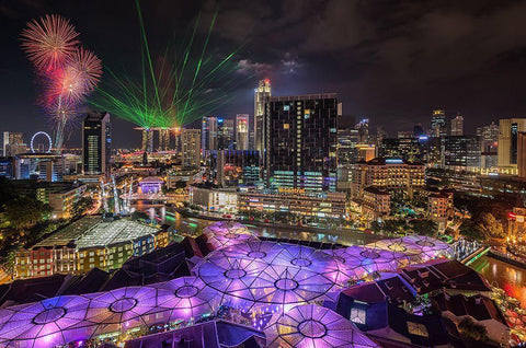 Singapore Clark Quay Night View Black Ornate Wood Framed Art Print with Double Matting by Xie, Zexsen