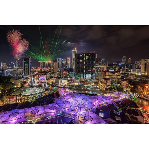 Singapore Clark Quay Night View White Modern Wood Framed Art Print by Xie, Zexsen