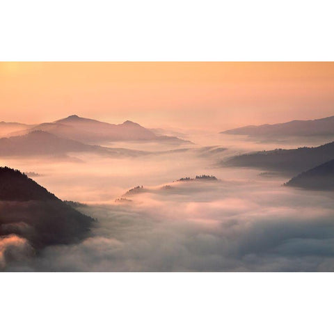 Foggy Morning In The Mountains Black Modern Wood Framed Art Print with Double Matting by Kruk, Przemyslaw