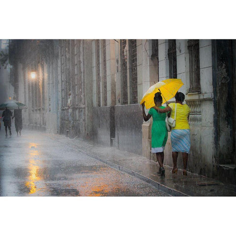 Yellow Umbrella (Rainy Day In Havana) White Modern Wood Framed Art Print by Willyams, Paul