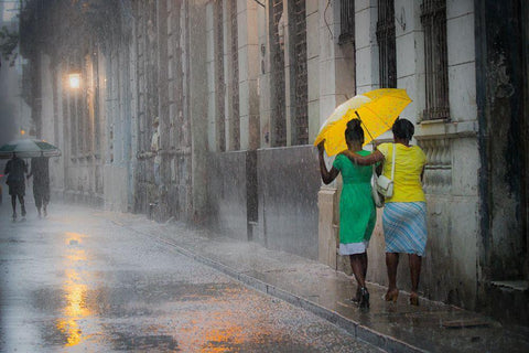 Yellow Umbrella (Rainy Day In Havana) Black Ornate Wood Framed Art Print with Double Matting by Willyams, Paul