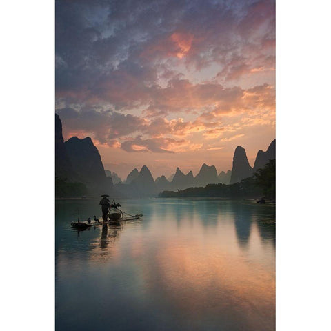 Li River Sunrise White Modern Wood Framed Art Print by Zhang, Yan