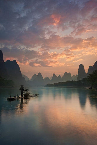 Li River Sunrise White Modern Wood Framed Art Print with Double Matting by Zhang, Yan